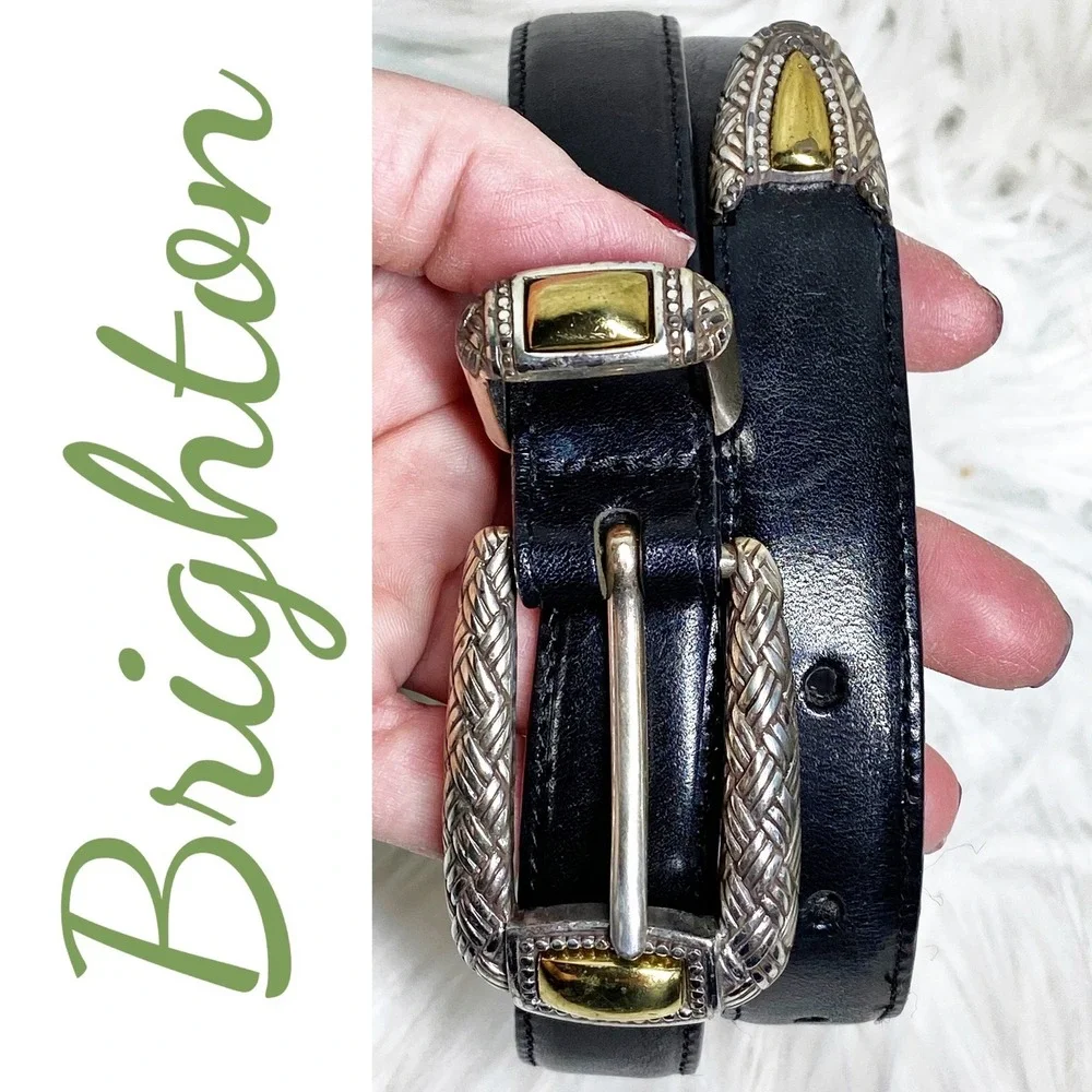 Brighton Black Leather‎ Belt Silver Gold Coastal Cowgirl Western Size 30 Medium